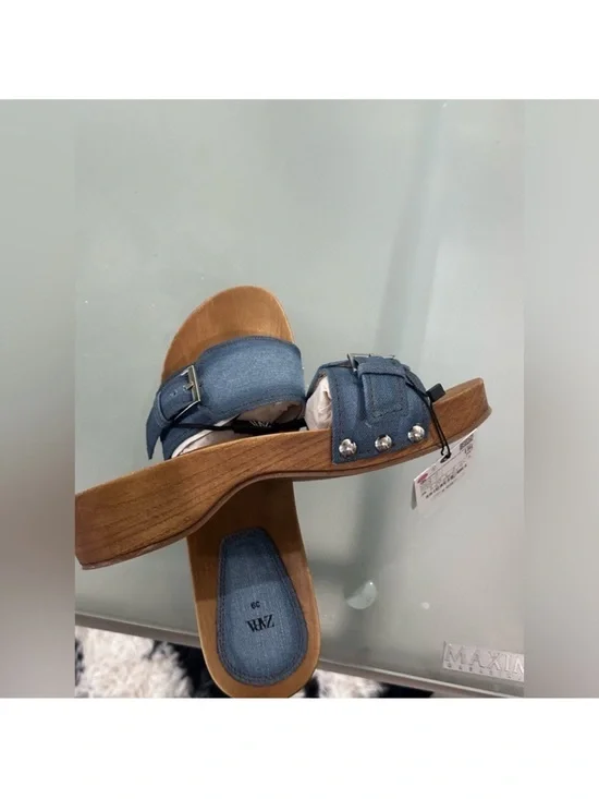 Zara Blue Denim Heeled Slide Sandals with Buckle - Picture 2 of 3